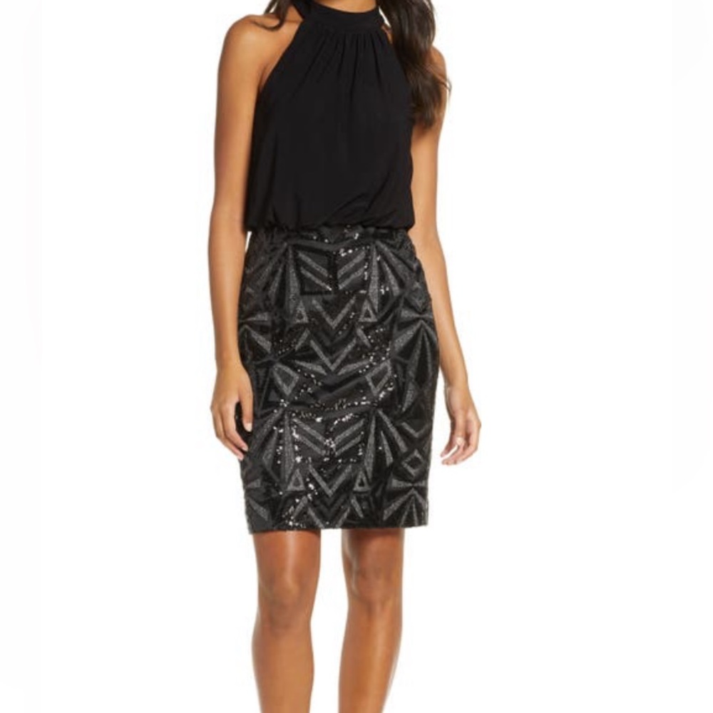 Vince Camuto Halter Neck Geo Embellished Blouson Dress size 8 NWT